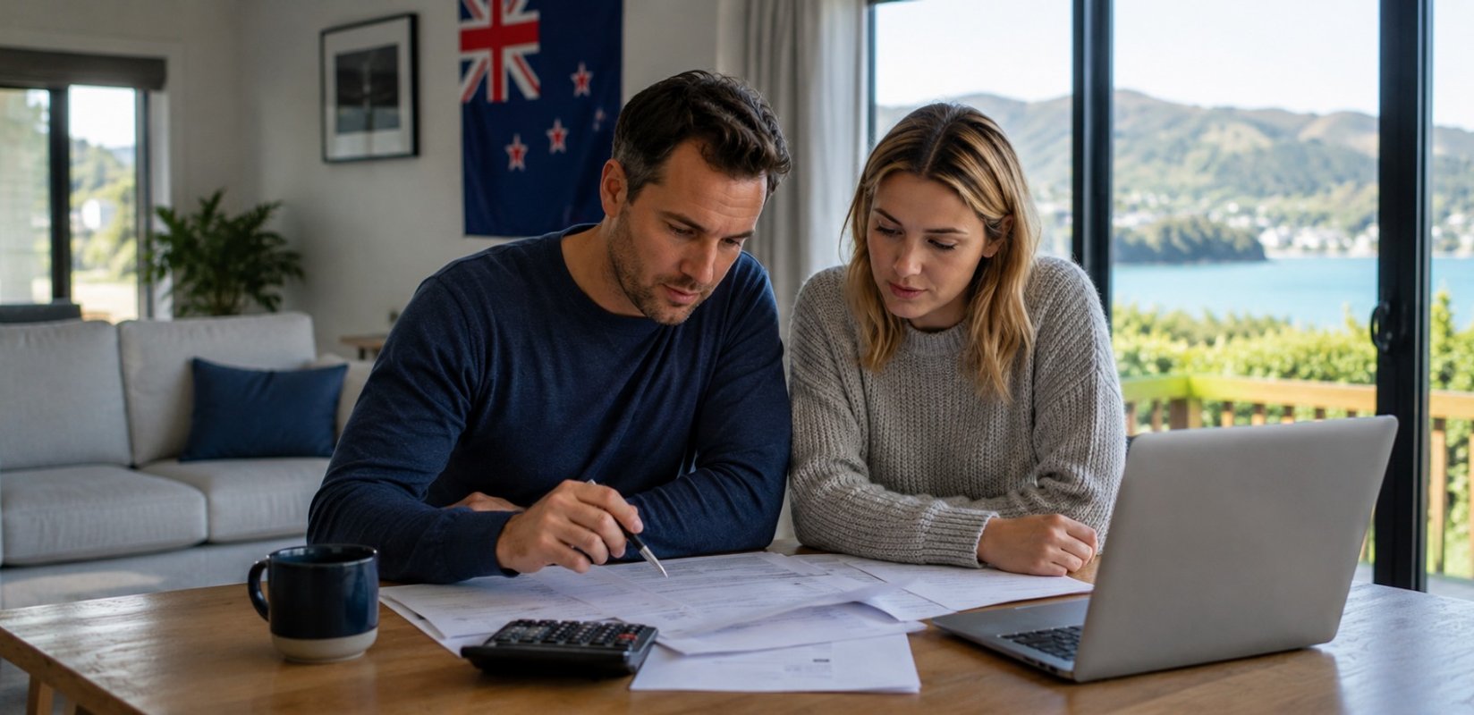 A New Zealand couple reviewing financial documents and calculate potential home loan refinancing savings