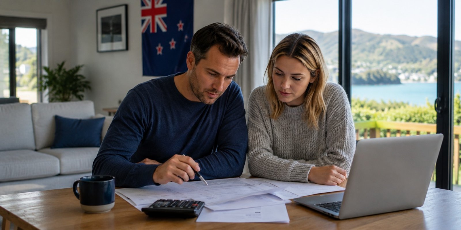 A New Zealand couple reviewing financial documents and calculate potential home loan refinancing savings