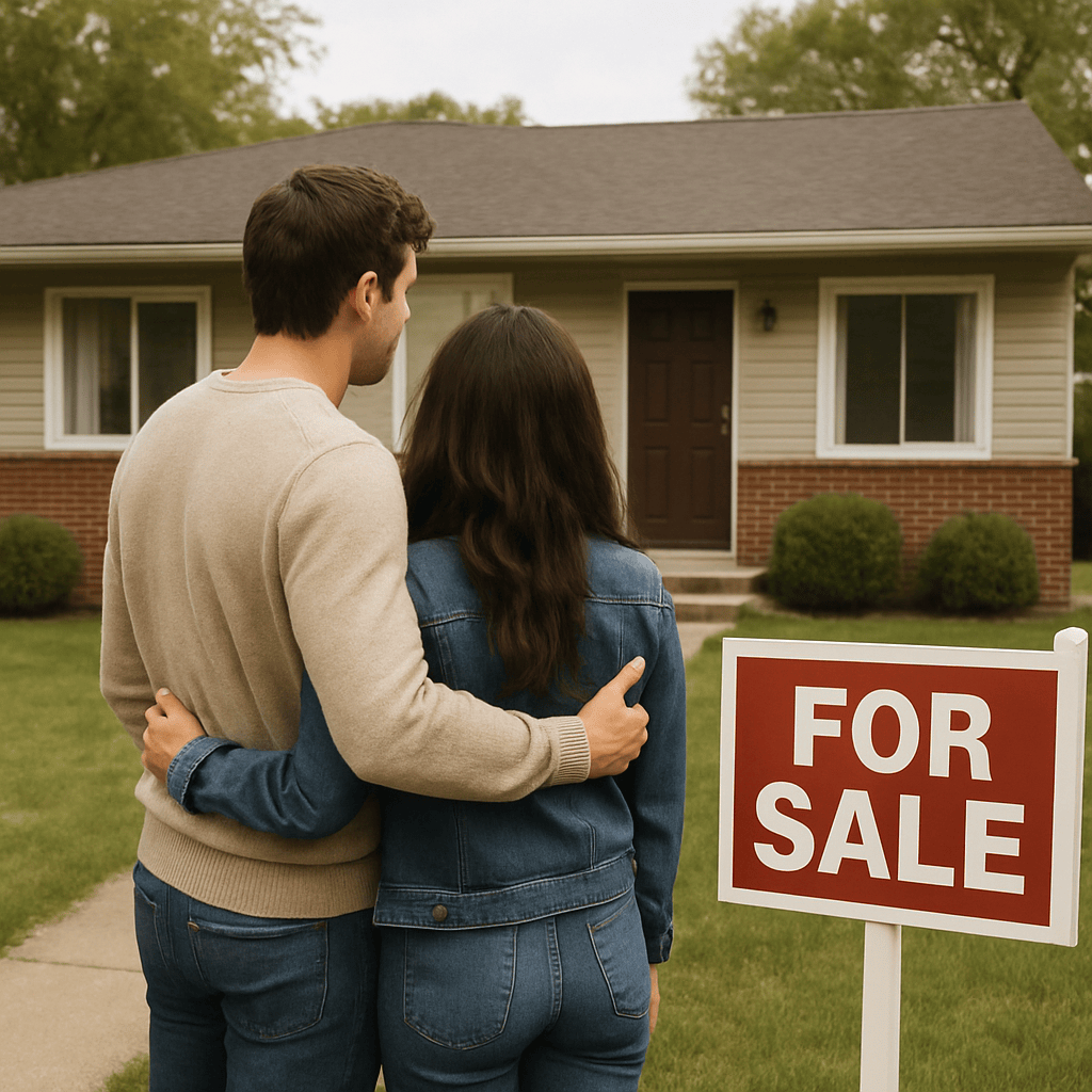 A young couple looking at a house for sale