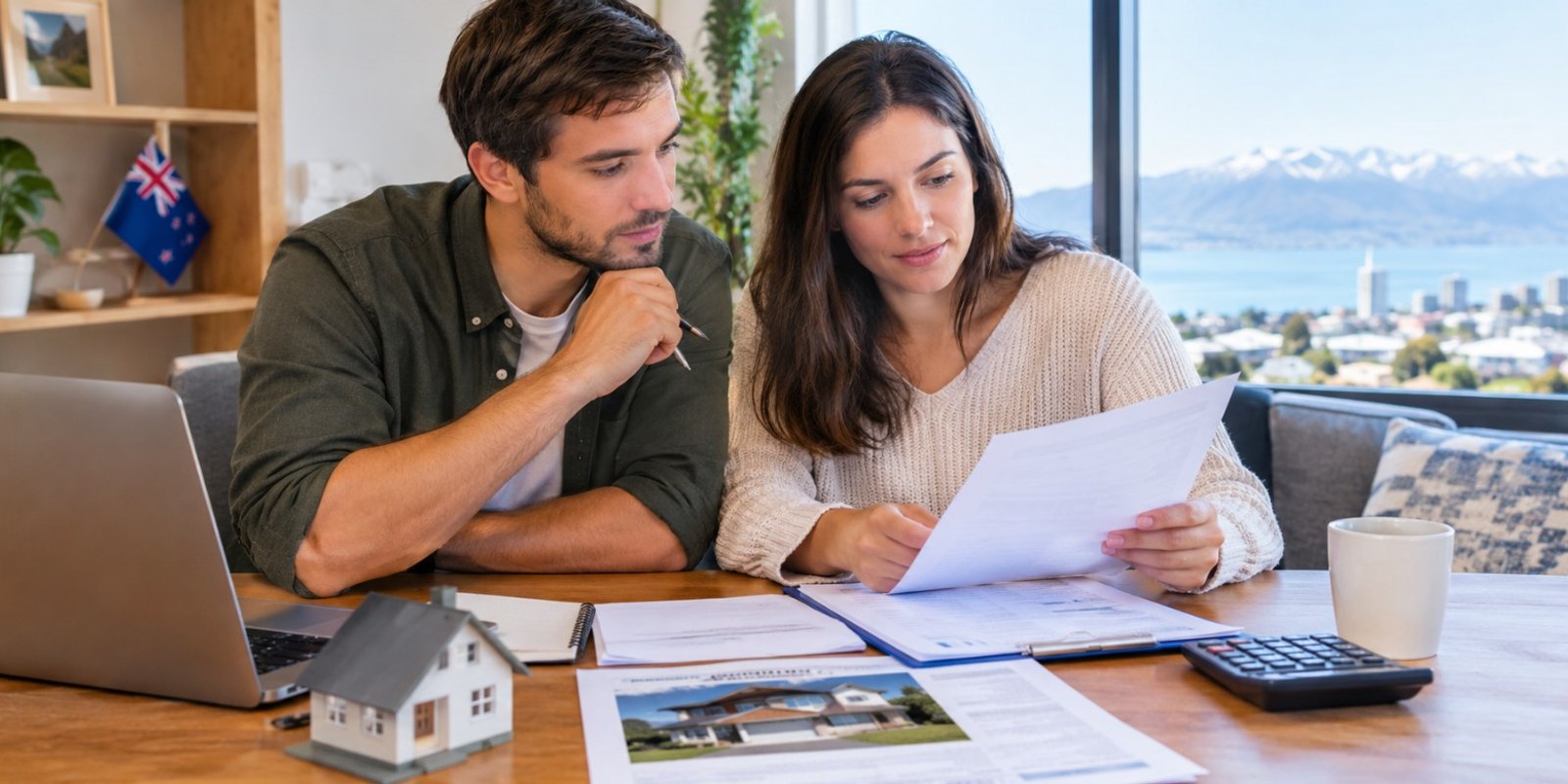 Couple reviewing joint home loan and deposit details before buying their first home in New Zealand