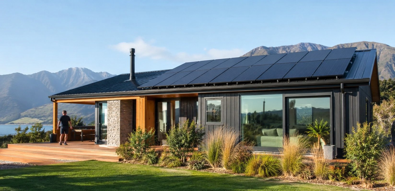 A modern energy-efficient New Zealand home featuring solar panels and sustainable design elements