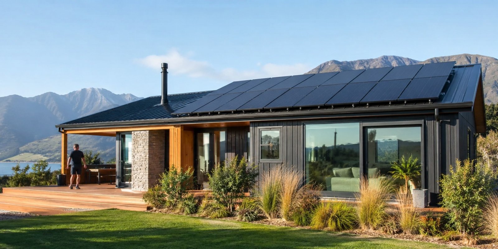 A modern energy-efficient New Zealand home featuring solar panels and sustainable design elements
