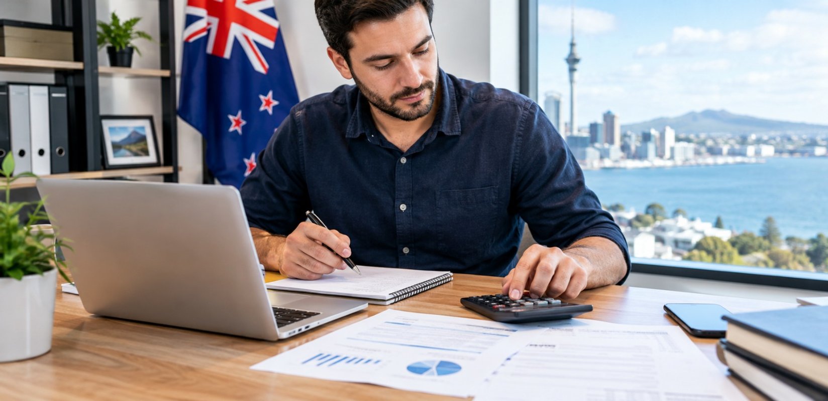 Self-employed business owner reviewing financial statements for a mortgage application