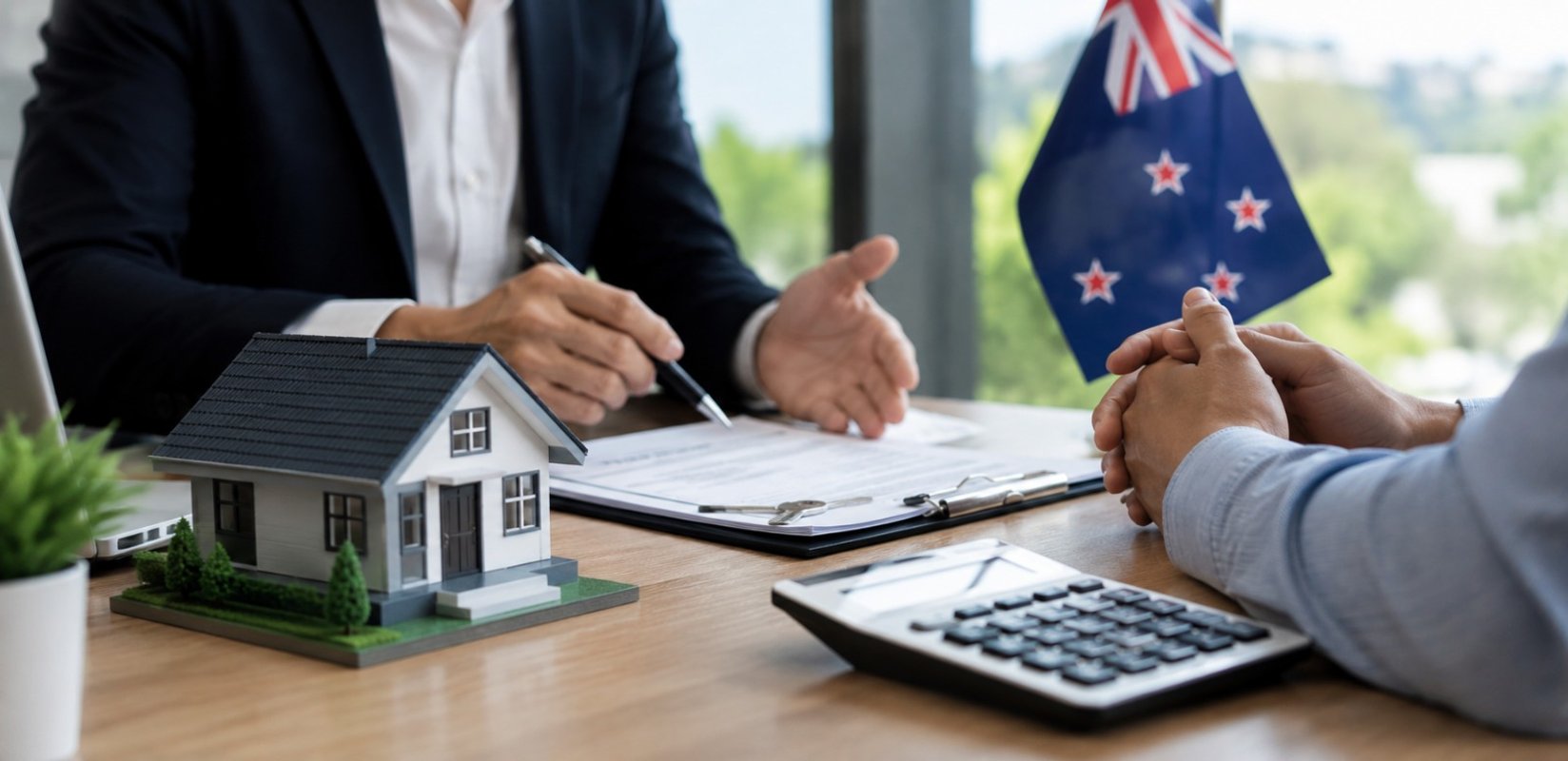 Mortgage broker discussing home loan fees and commissions with a client in New Zealand