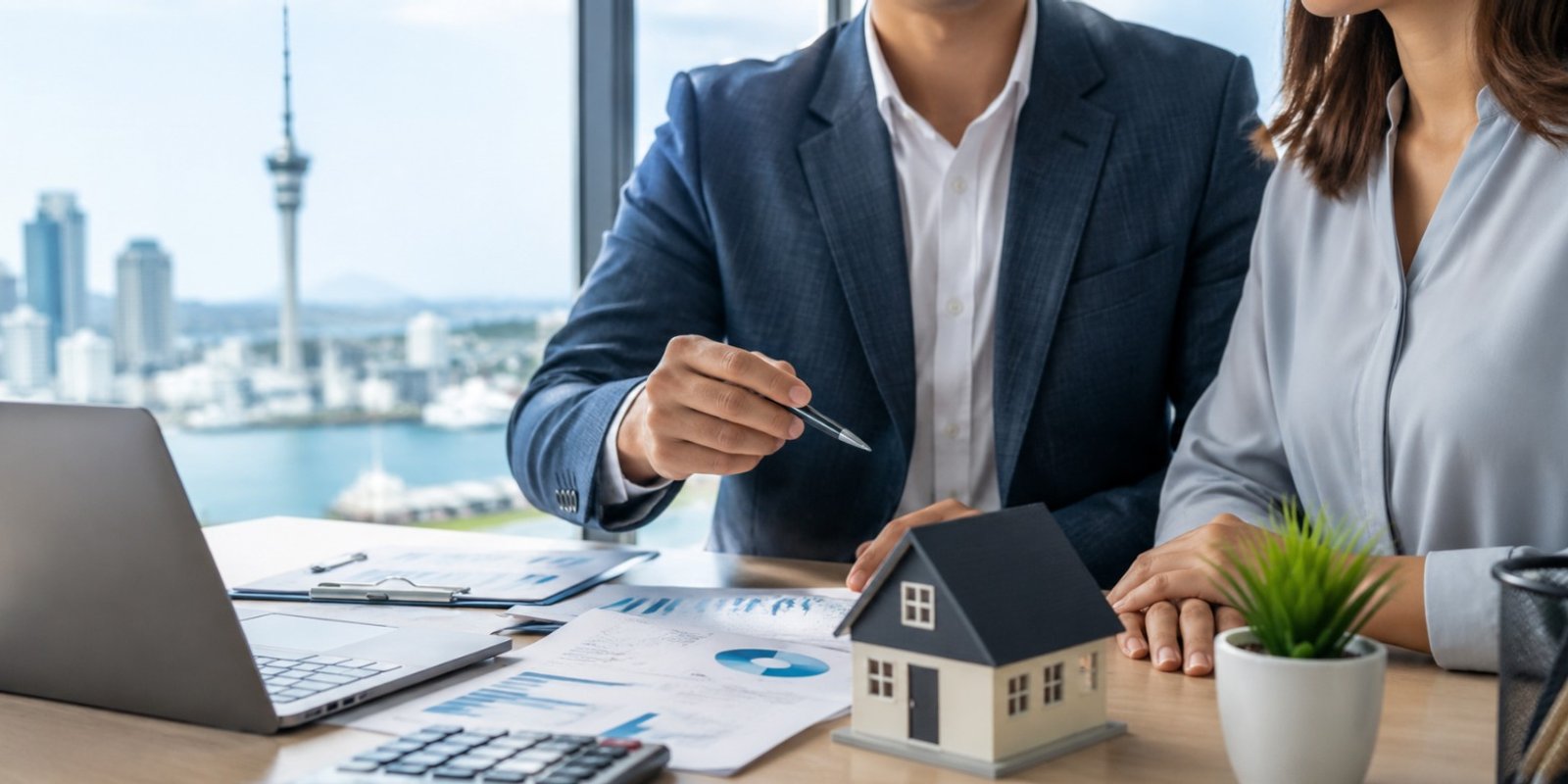 Investor reviewing property finance documents and loan serviceability figures