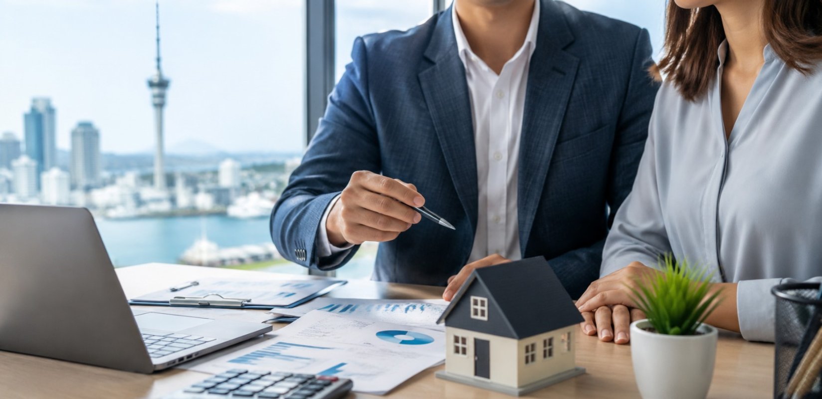 Investor reviewing property finance documents and loan serviceability figures