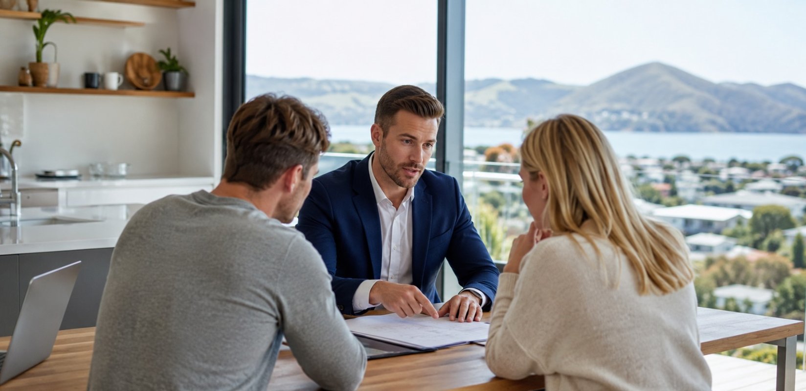 Home buyer reviewing mortgage broker costs and fees with an adviser in New Zealand