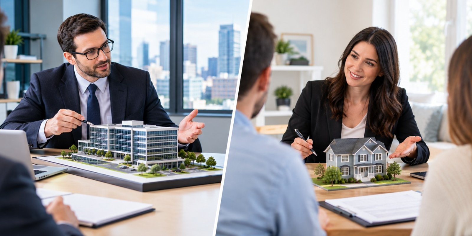 Mortgage broker explaining commercial and residential lending options to a property buyer in NZ