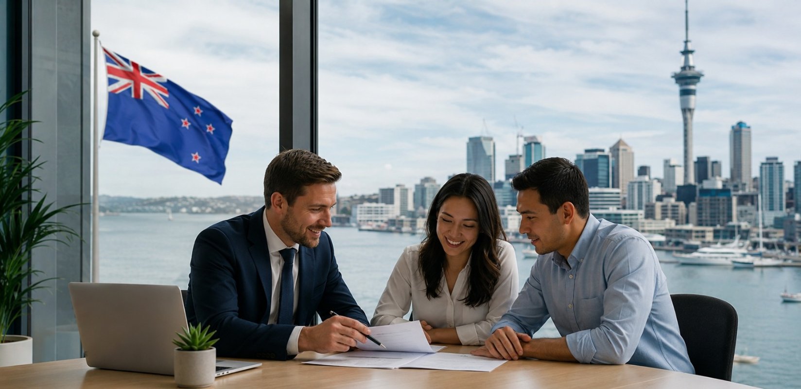 Couple reviewing mortgage pre approval documents with a broker in New Zealand