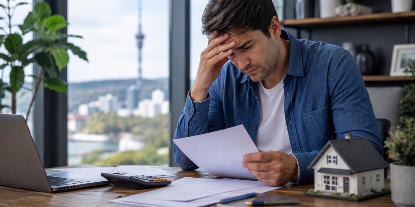 Homeowner reviewing a mortgage refinance decline letter with a laptop and paperwork