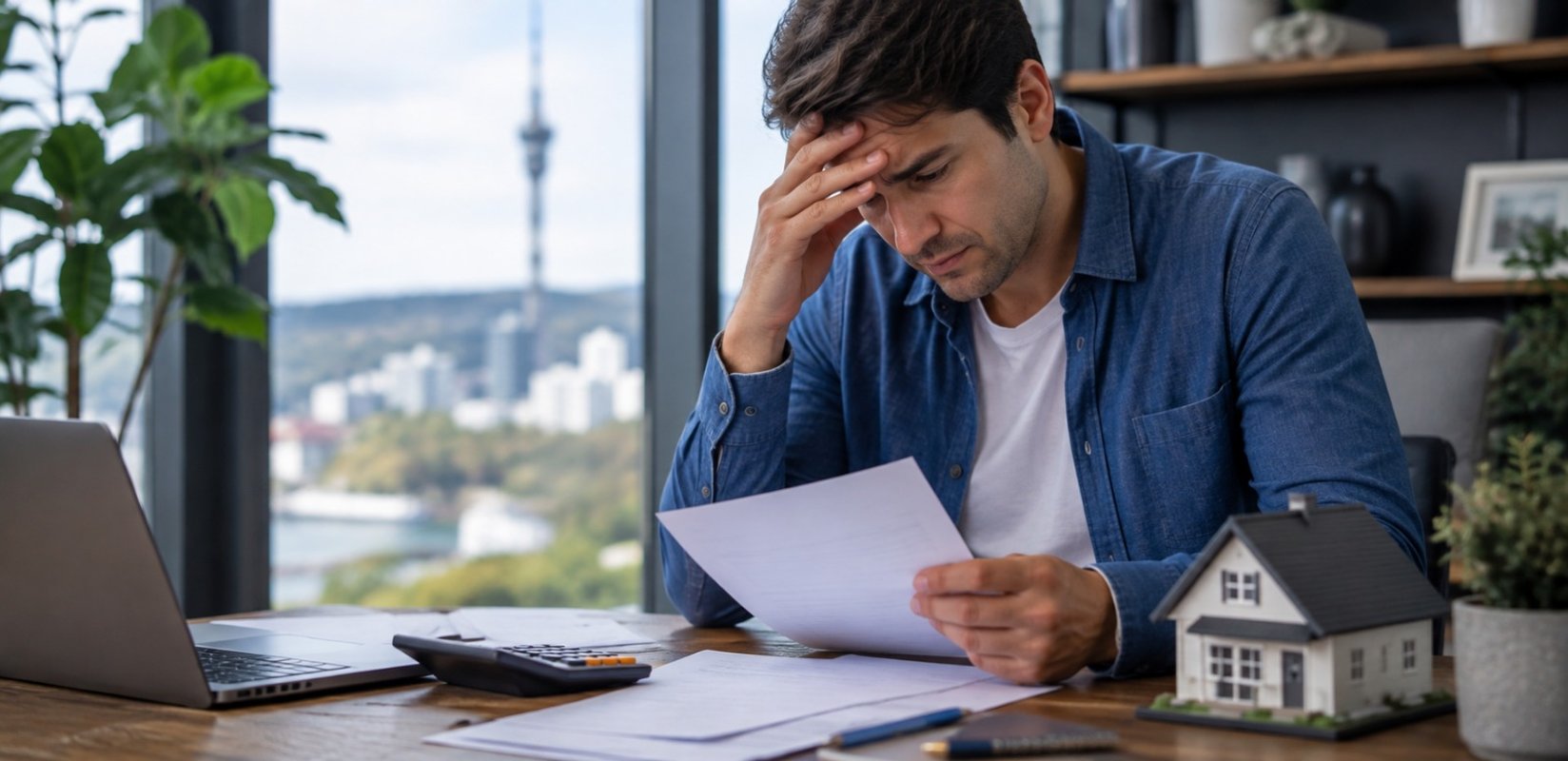 Homeowner reviewing a mortgage refinance decline letter with a laptop and paperwork
