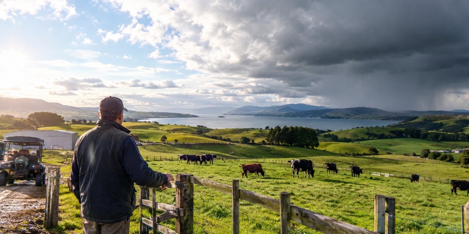New Zealand farm paddocks under changing weather