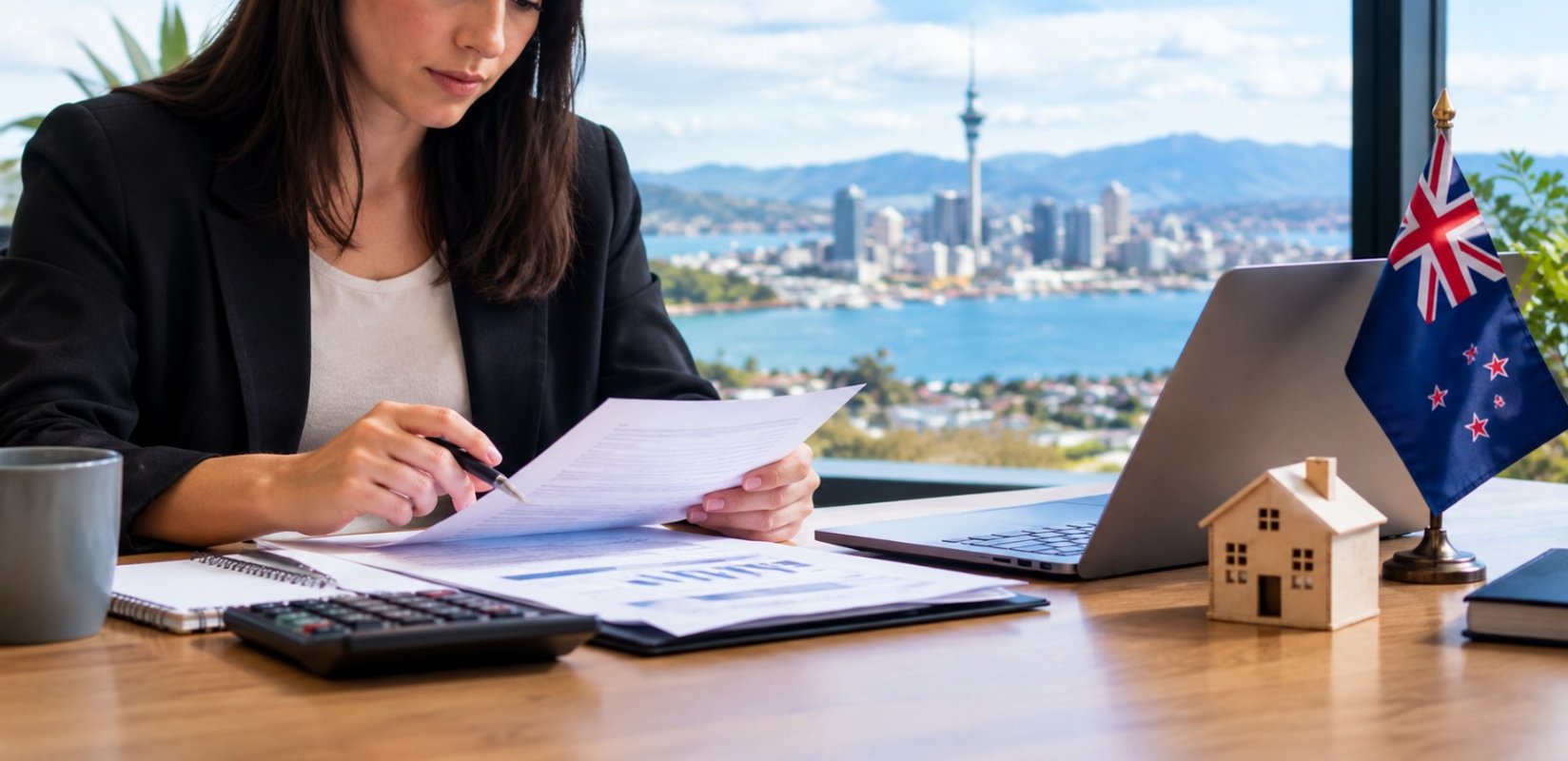 Self-employed business owner reviewing financial records before applying for a home loan in NZ