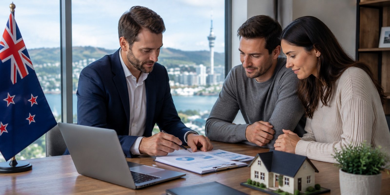 Homeowner and adviser reviewing a long-term mortgage strategy plan in New Zealand