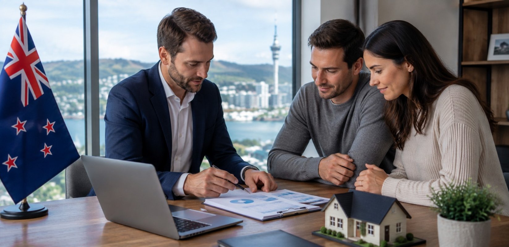Homeowner and adviser reviewing a long-term mortgage strategy plan in New Zealand
