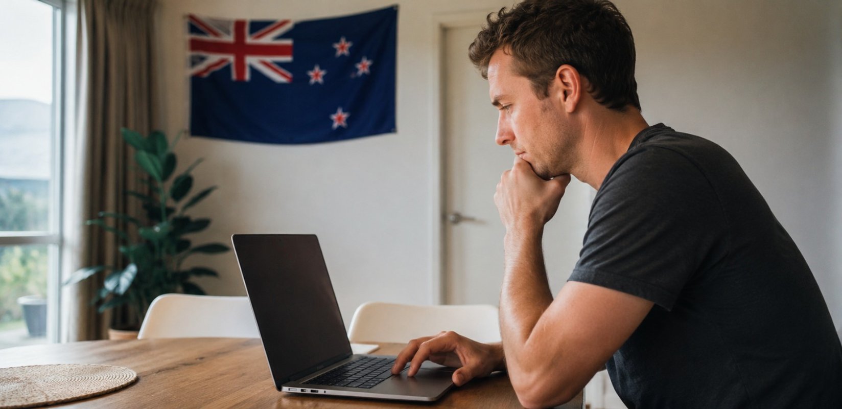 A first home buyer reviewing KiwiSaver balance options on a laptop inside a New Zealand home