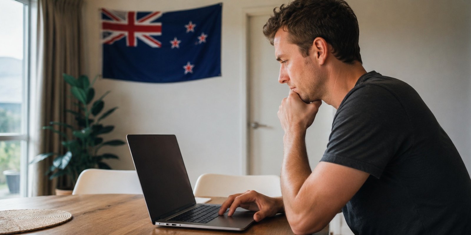 A first home buyer reviewing KiwiSaver balance options on a laptop inside a New Zealand home