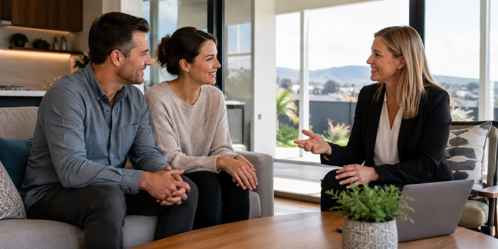 Mortgage broker discussing home loan options with clients in New Zealand